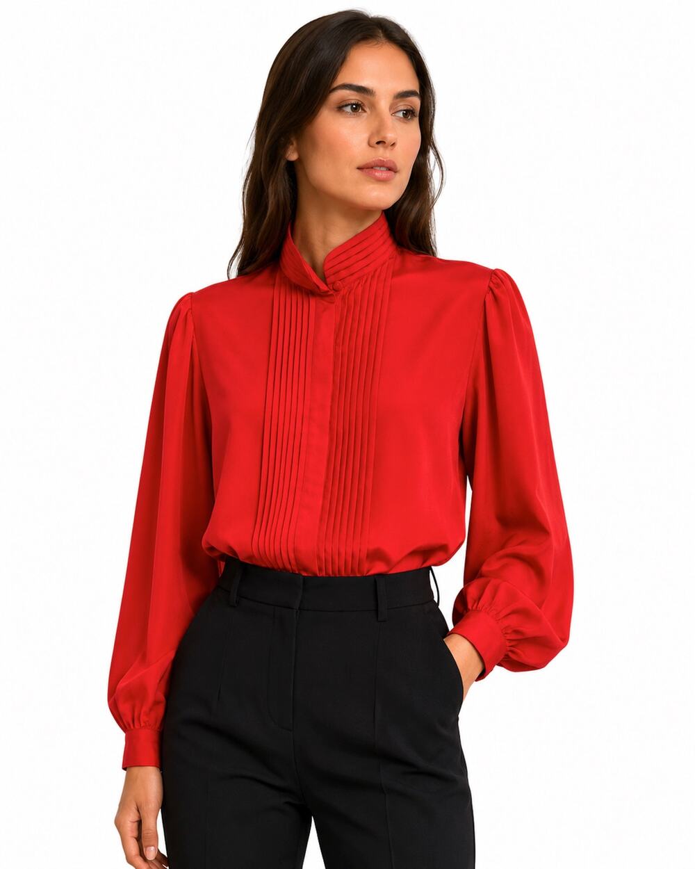 Vintage 70s Red Secretary Blouse Pleated High Collar Pintuck Front M